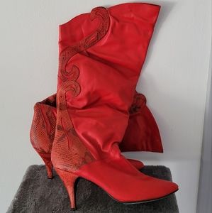 Beautiful red high-heeled embellished boots. Never worn. Size 9.5 women's